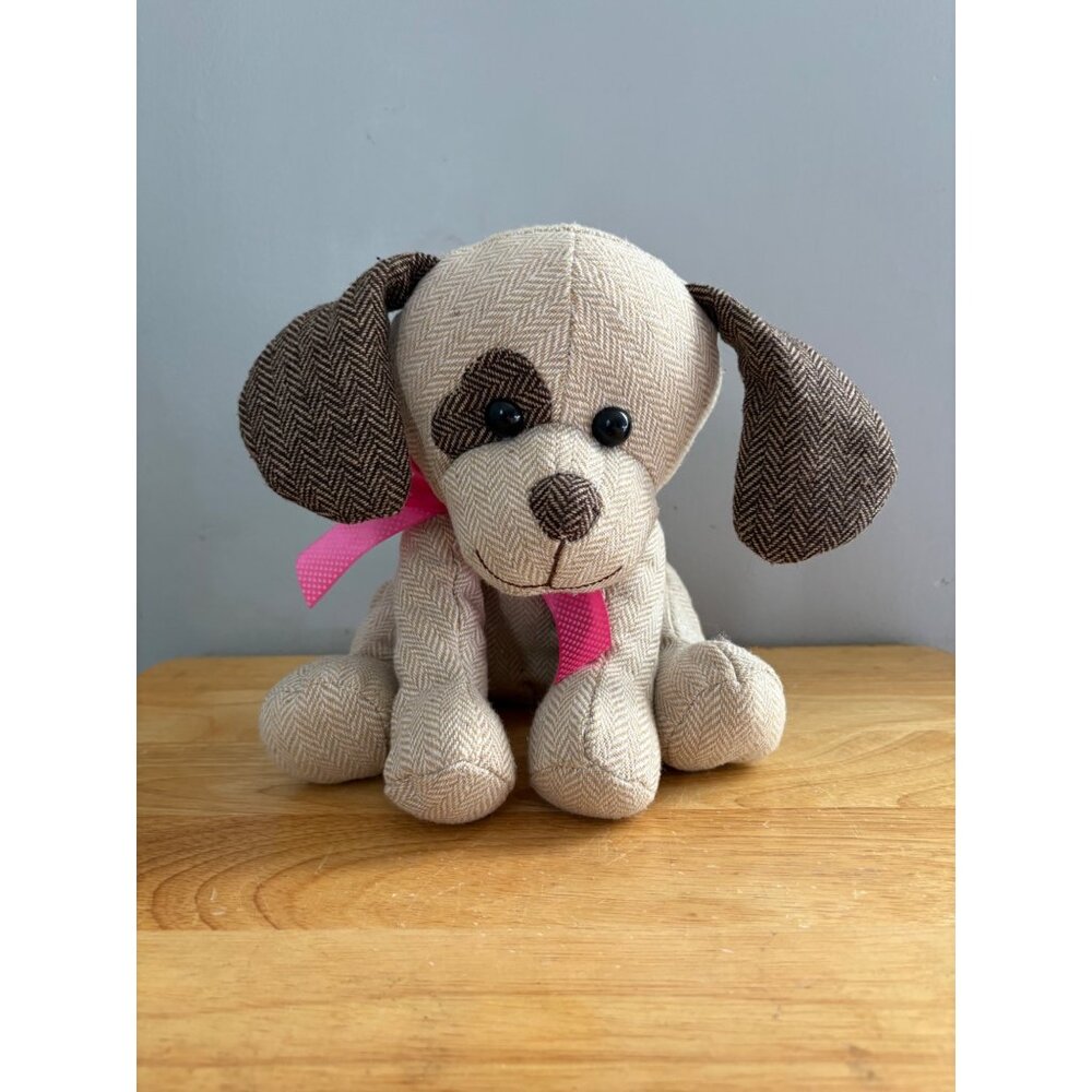 Wal-Mart Herringbone Plush Dog Puppy Spot Toy Pink Ribbon Beige Stuffed Animal